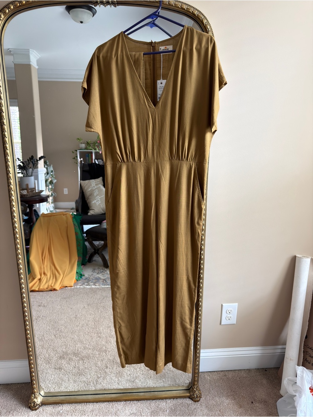 Marine Layer Mustard V-Neck Linen Jumpsuit